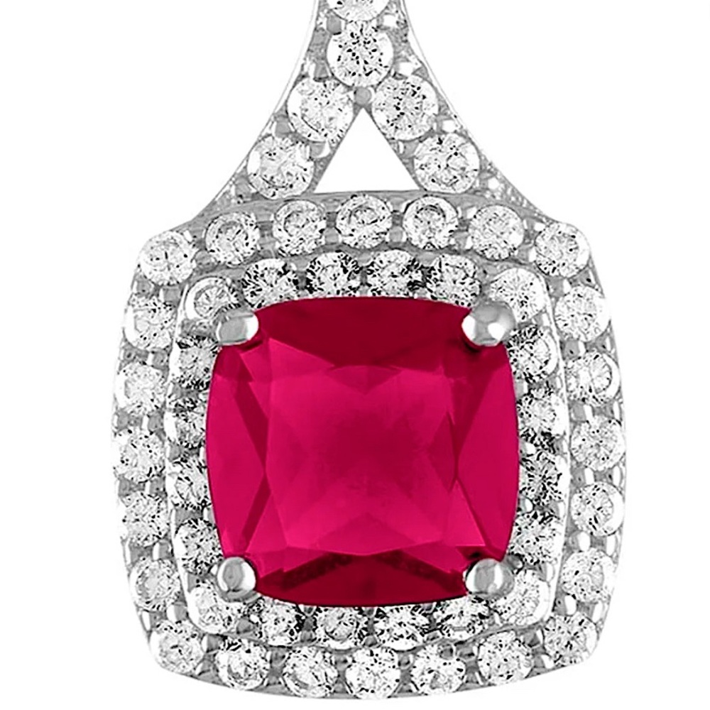 Ruby and CZ Sterling Silver Double-Halo Cushion Pendant